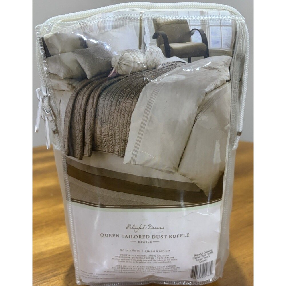 Queen Size Tailored Dust Ruffle.  Drop And Platform.  Ivory With Tan Strip